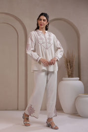 Women’s Cotton Dobby White Color Embroidered Co-Ord Set