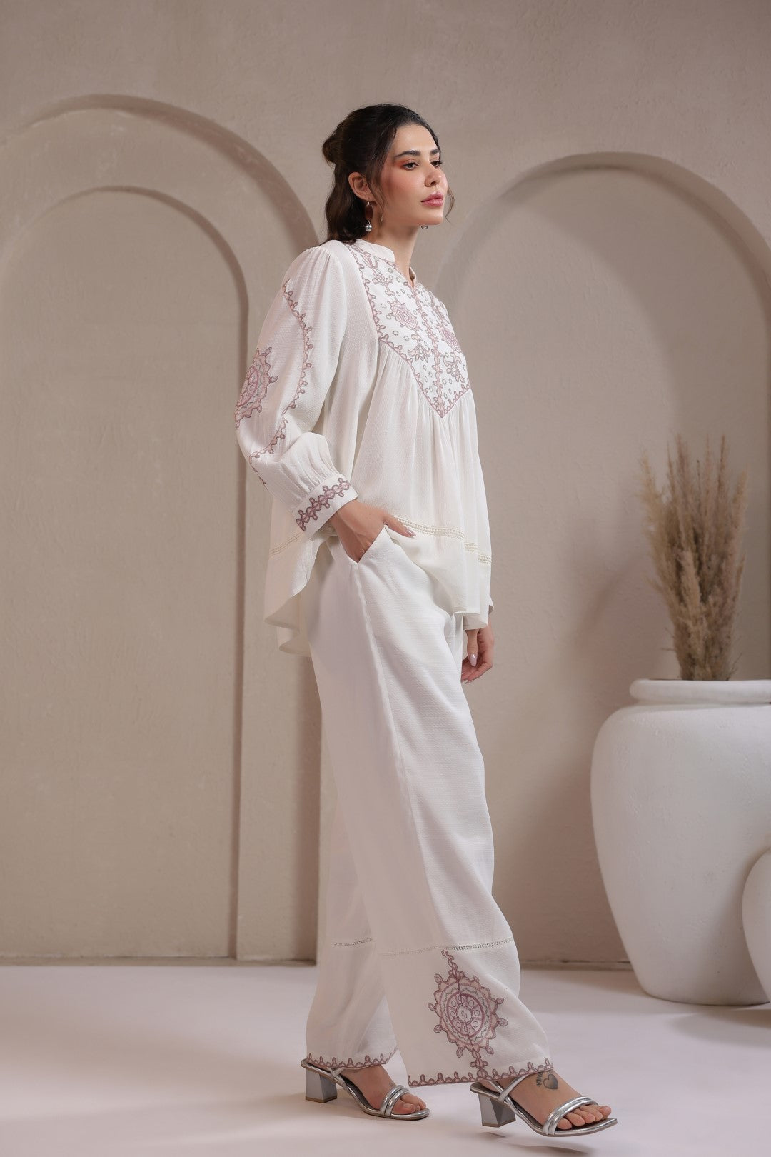 Women’s Cotton Dobby White Color Embroidered Co-Ord Set