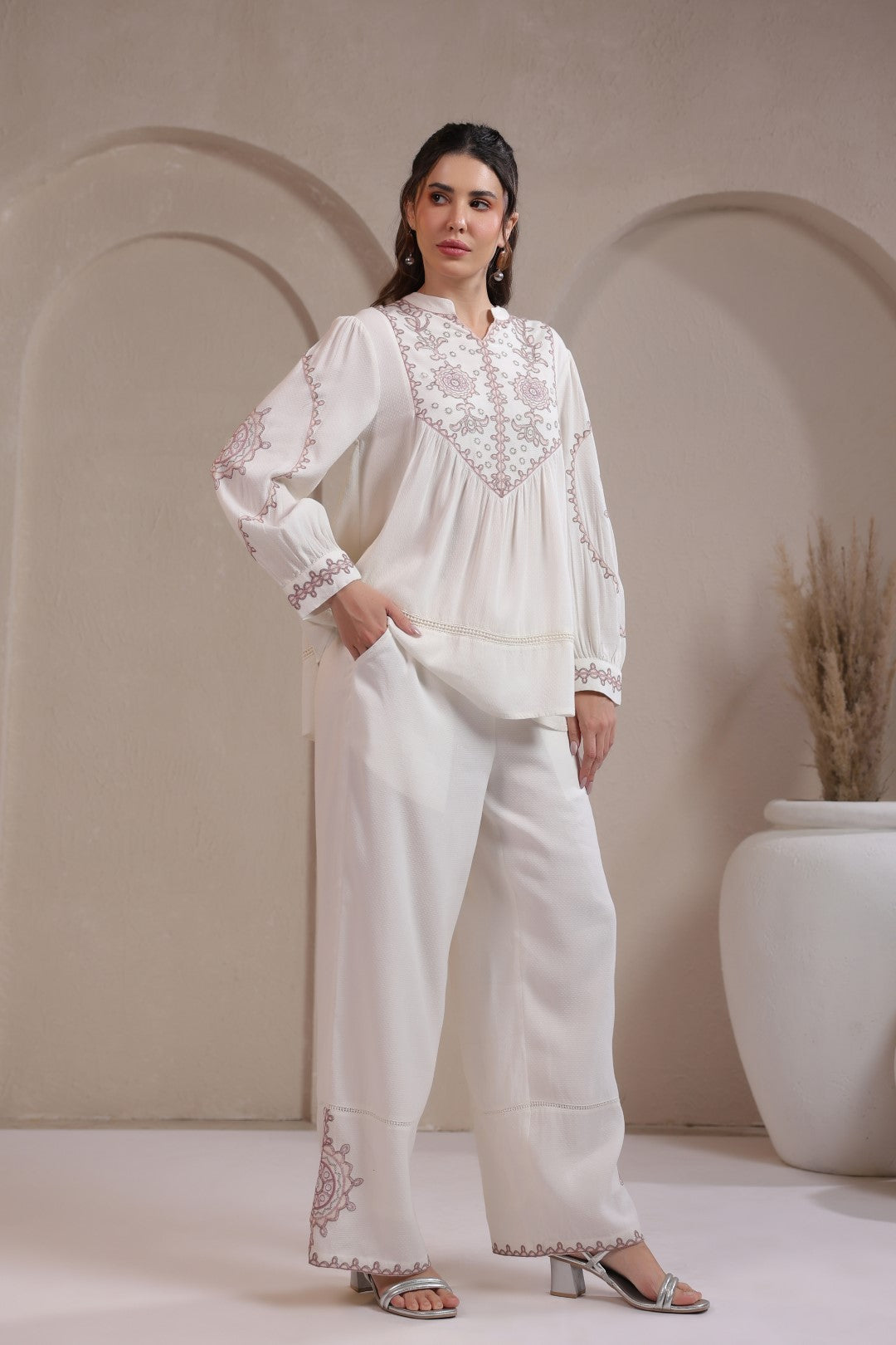 Women’s Cotton Dobby White Color Embroidered Co-Ord Set