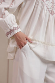 Women’s Cotton Dobby White Color Embroidered Co-Ord Set
