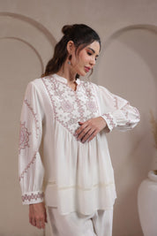 Women’s Cotton Dobby White Color Embroidered Co-Ord Set