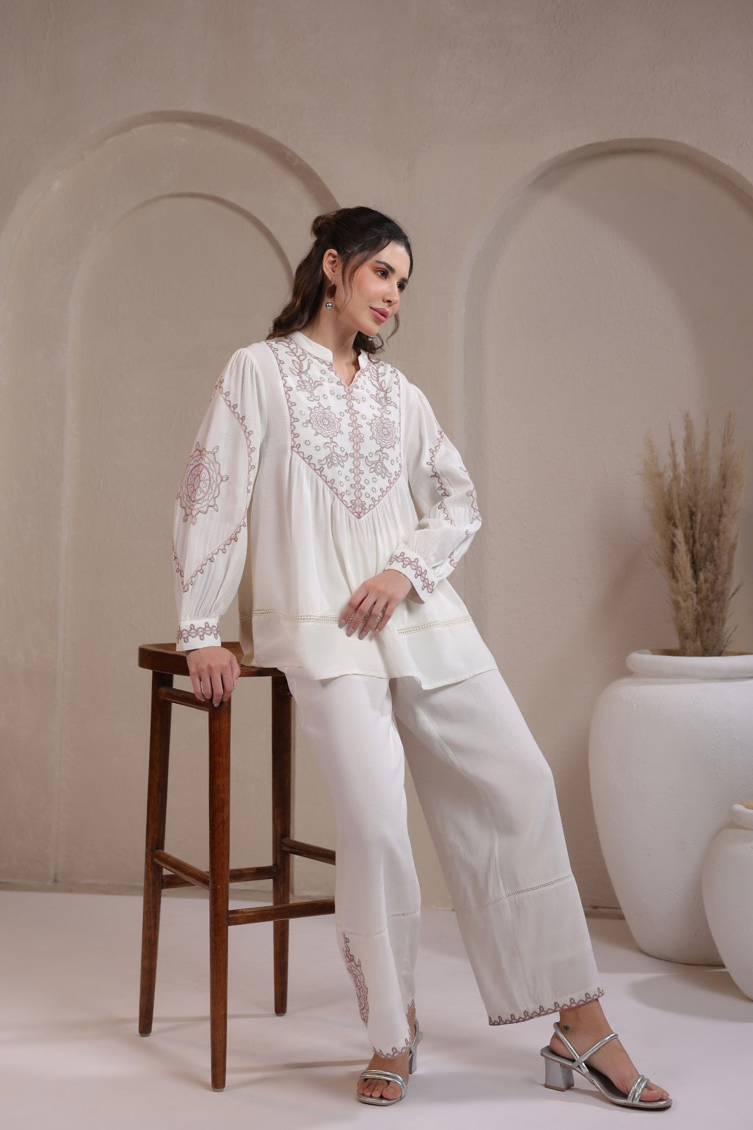 Women’s Cotton Dobby White Color Embroidered Co-Ord Set