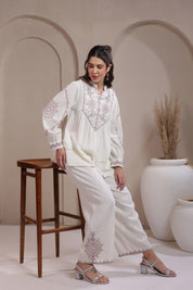 Women’s Cotton Dobby White Color Embroidered Co-Ord Set