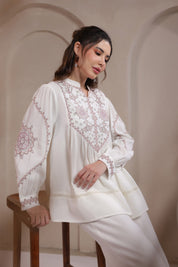 Women’s Cotton Dobby White Color Embroidered Co-Ord Set