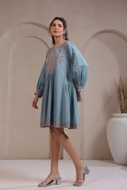 Nyaro Signature Cotton Flex Embroidered A-Line Dress – Blue