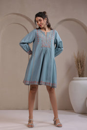 Nyaro Signature Cotton Flex Embroidered A-Line Dress – Blue