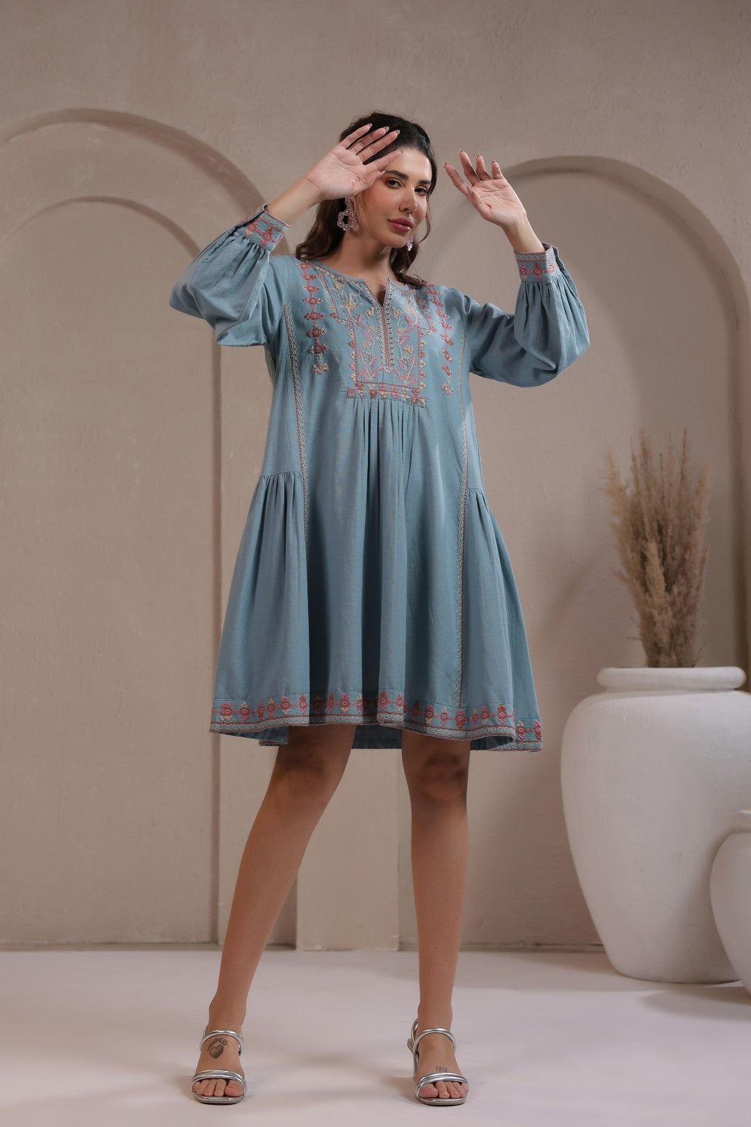 Nyaro Signature Cotton Flex Embroidered A-Line Dress – Blue