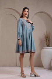 Nyaro Signature Cotton Flex Embroidered A-Line Dress – Blue