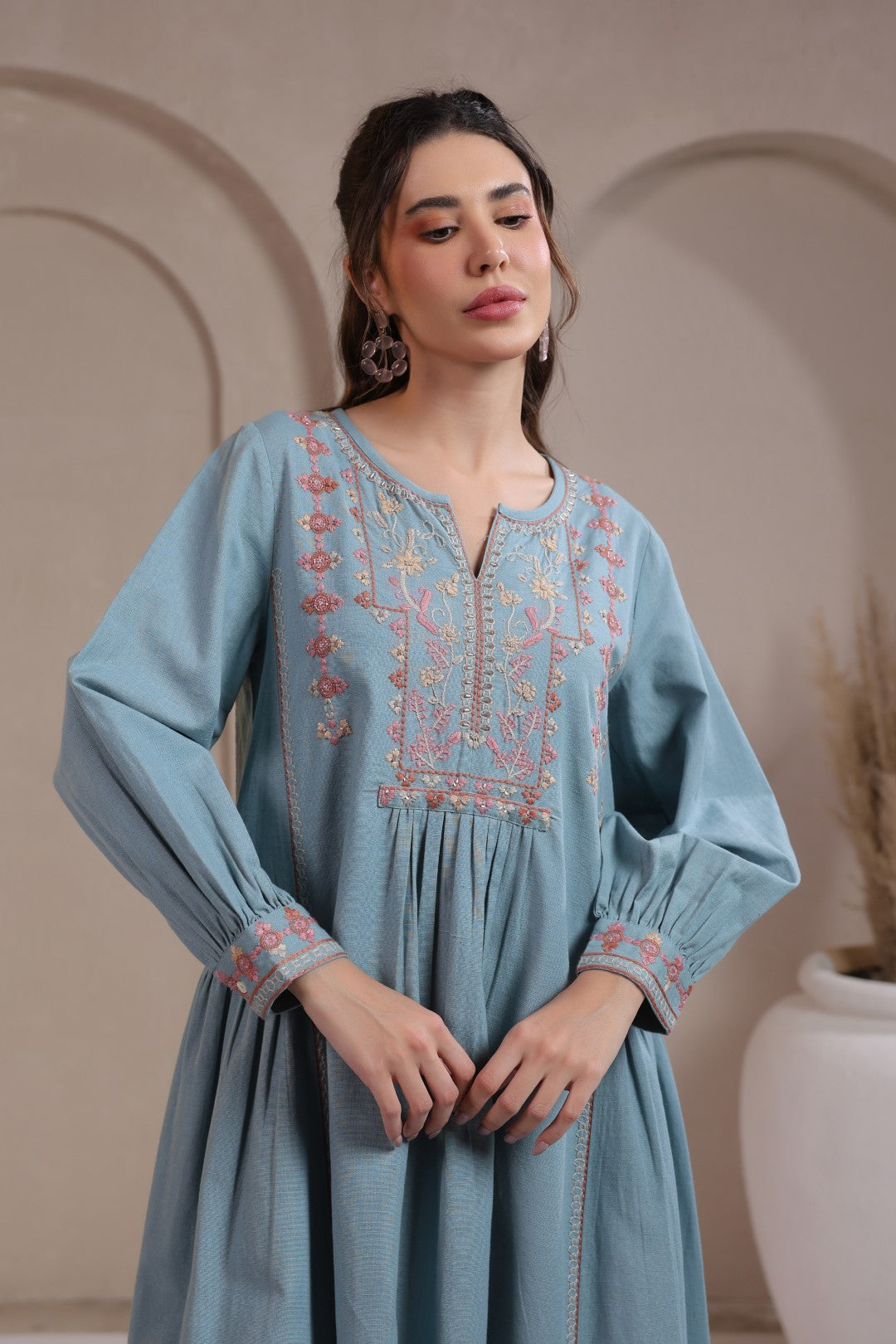 Nyaro Signature Cotton Flex Embroidered A-Line Dress – Blue
