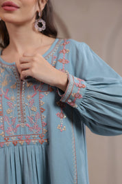 Nyaro Signature Cotton Flex Embroidered A-Line Dress – Blue