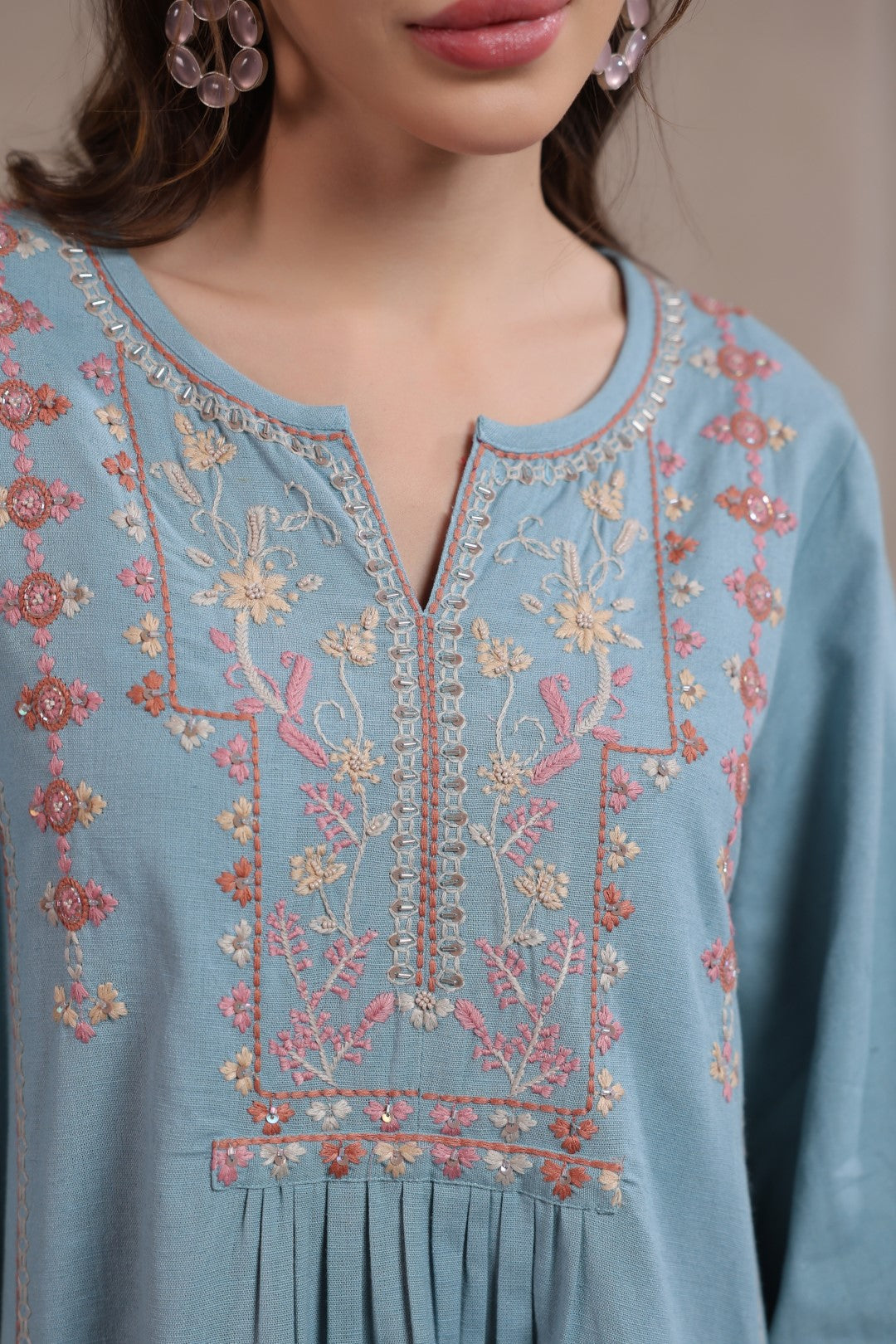 Nyaro Signature Cotton Flex Embroidered A-Line Dress – Blue