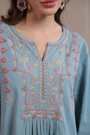 Nyaro Signature Cotton Flex Embroidered A-Line Dress – Blue