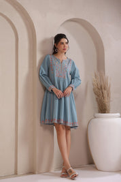 Nyaro Signature Cotton Flex Embroidered A-Line Dress – Blue