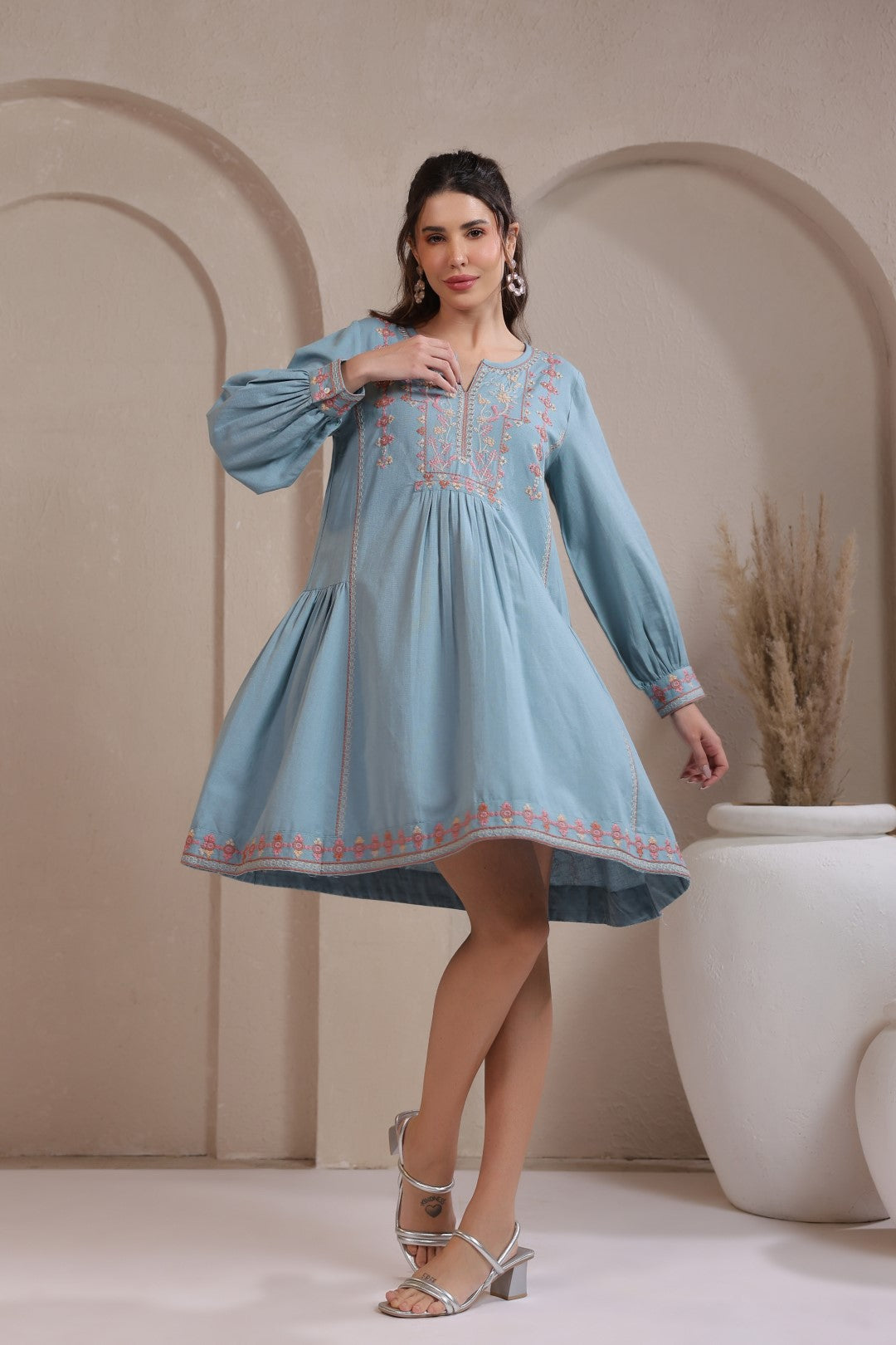 Nyaro Signature Cotton Flex Embroidered A-Line Dress – Blue