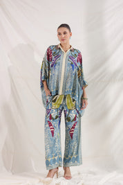 Women Blue Viscose Satin Floral Printed Co-Ord Set