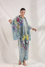 Women Blue Viscose Satin Floral Printed Co-Ord Set