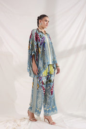 Women Blue Viscose Satin Floral Printed Co-Ord Set