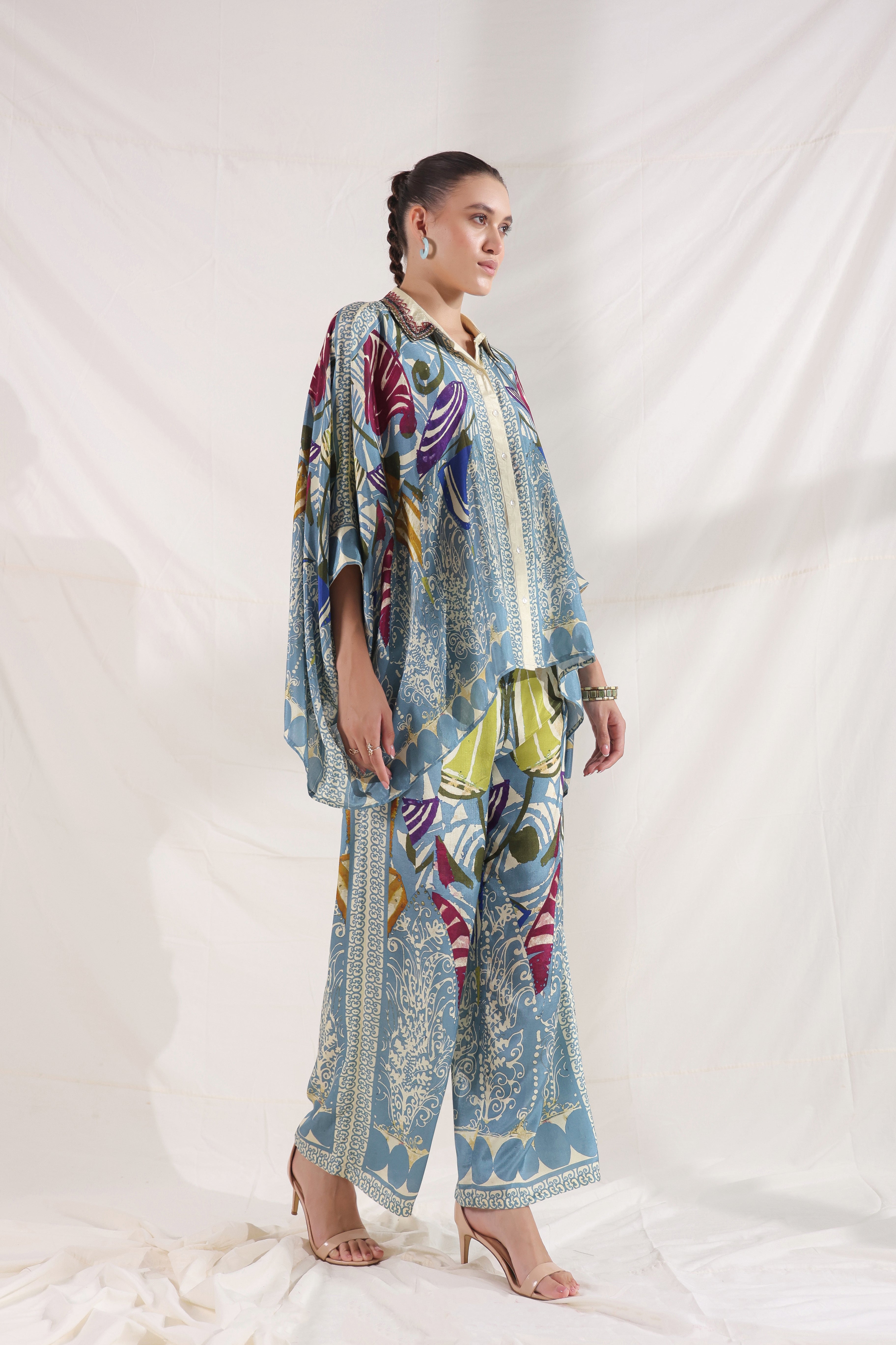 Women Blue Viscose Satin Floral Printed Co-Ord Set