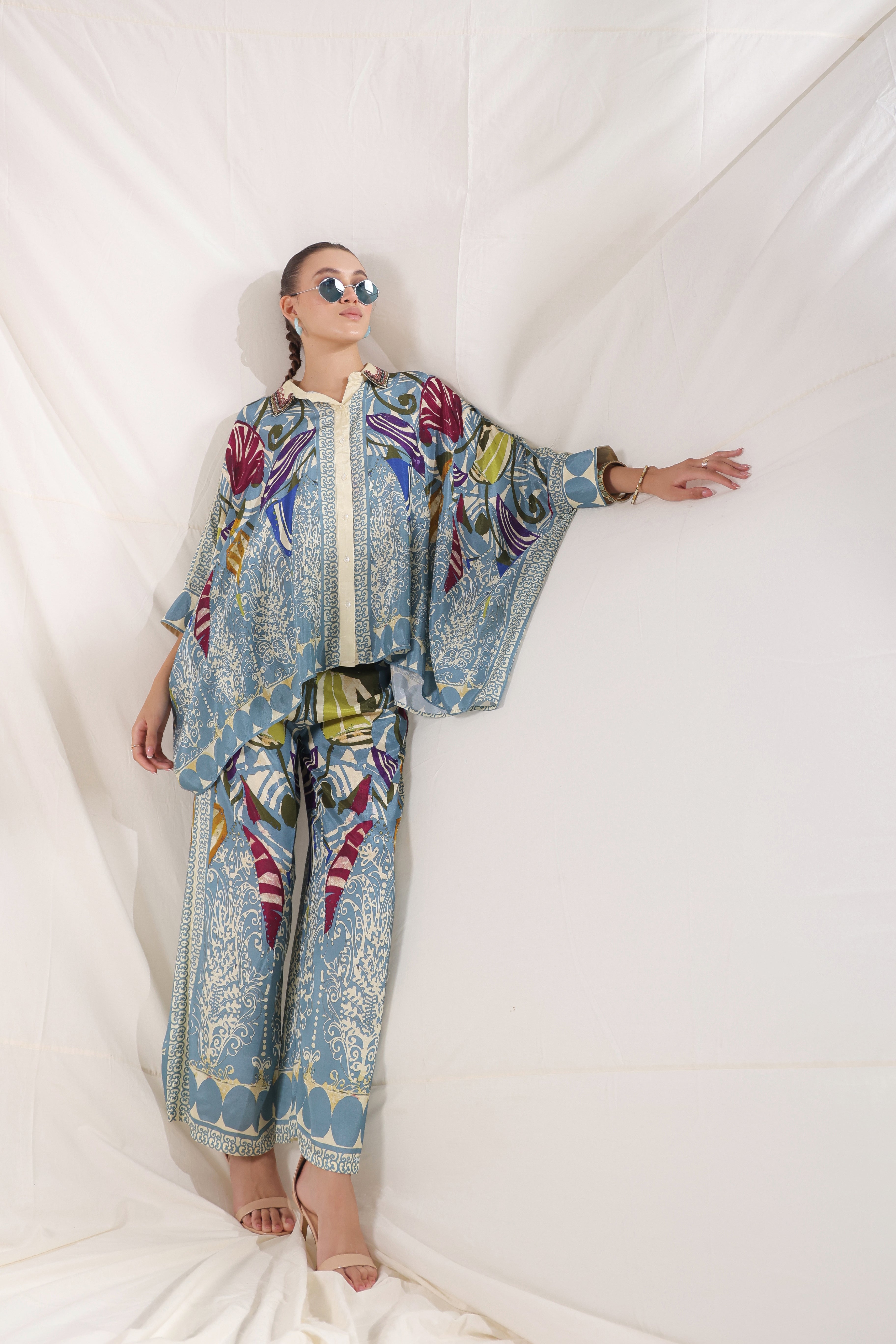 Women Blue Viscose Satin Floral Printed Co-Ord Set
