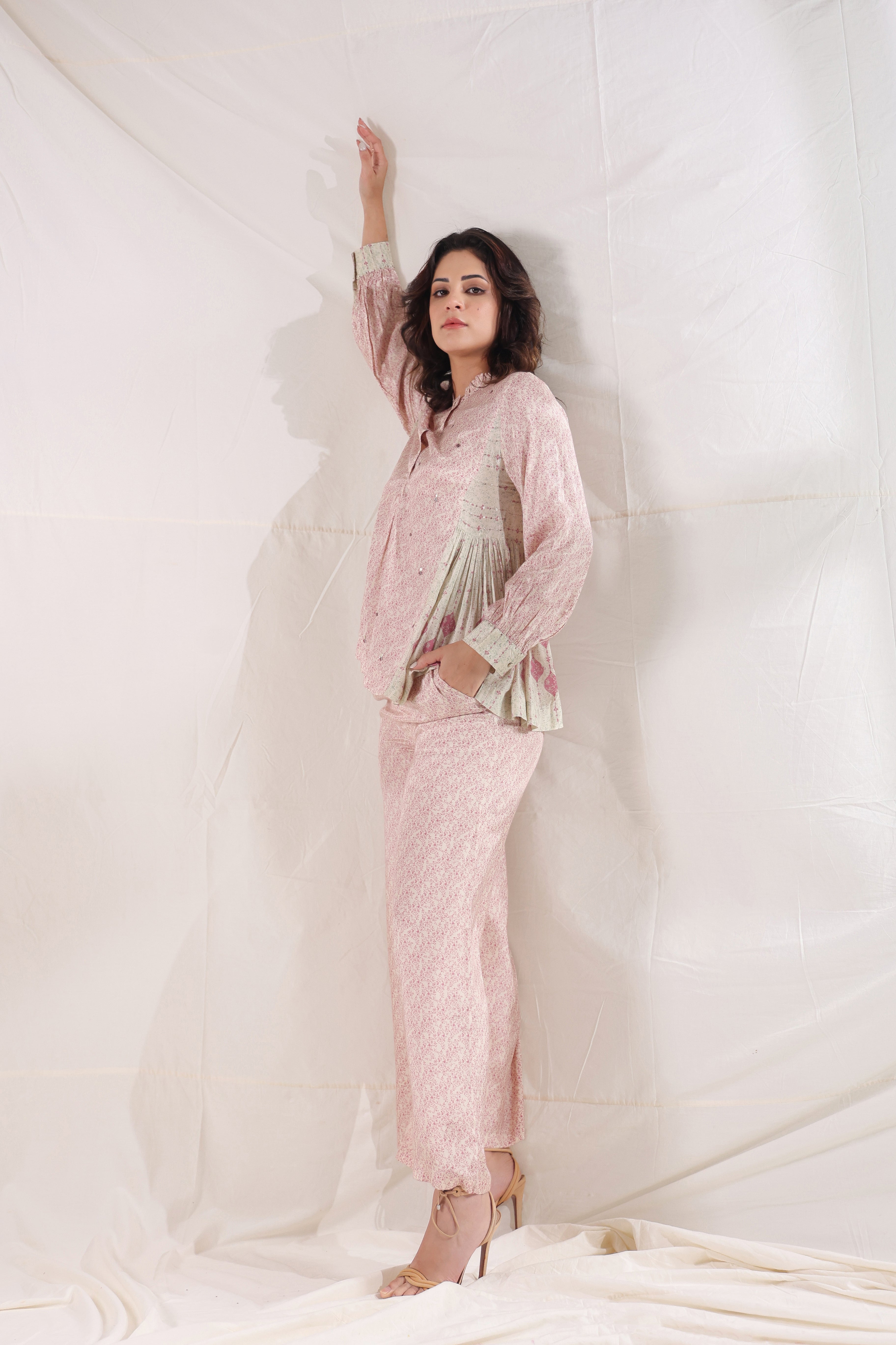 Women Pink Viscose Santoon Digital Printed Fabric Co-Ord Set with Hand Work