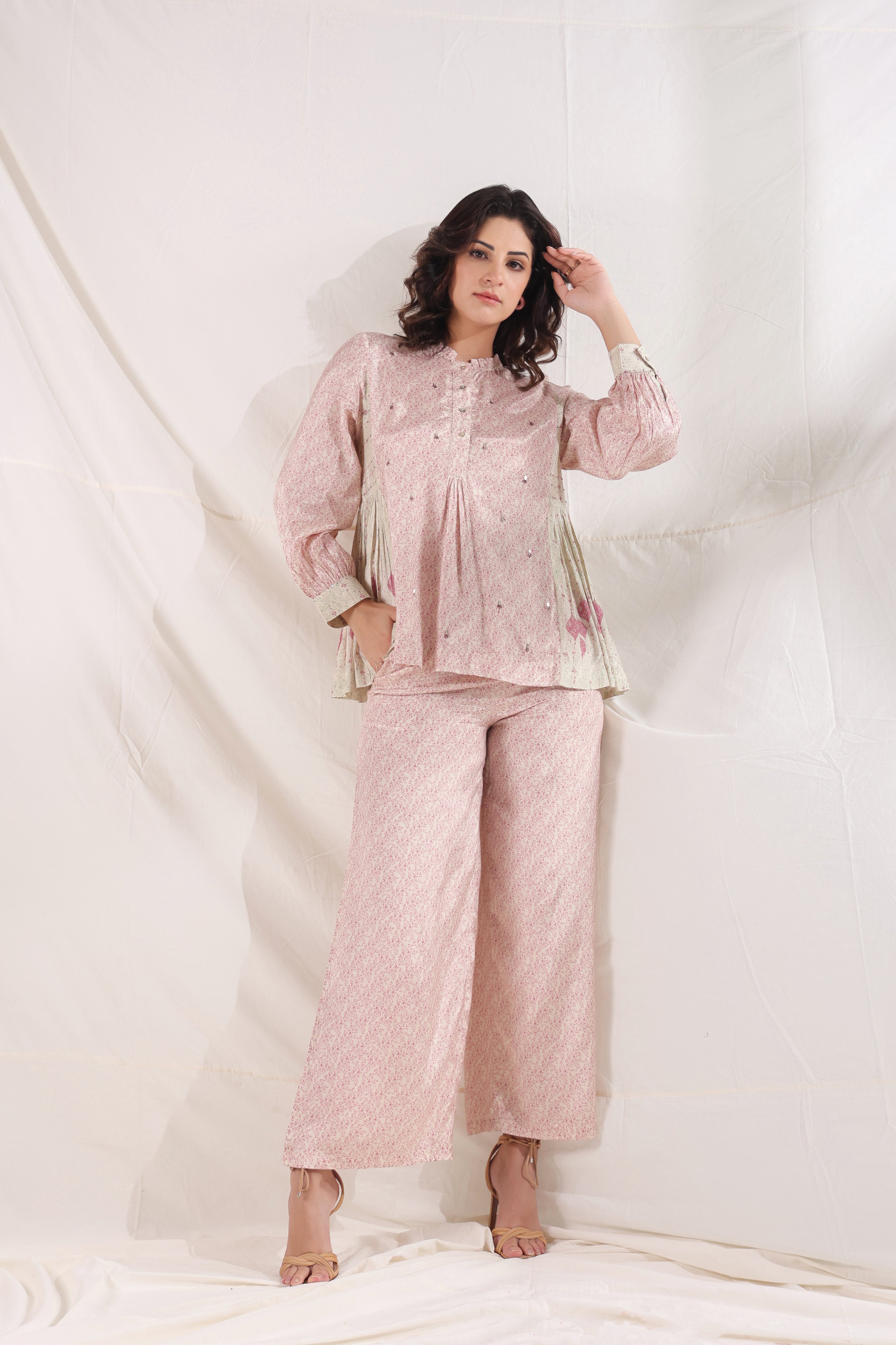 Women Pink Viscose Santoon Digital Printed Fabric Co-Ord Set with Hand Work