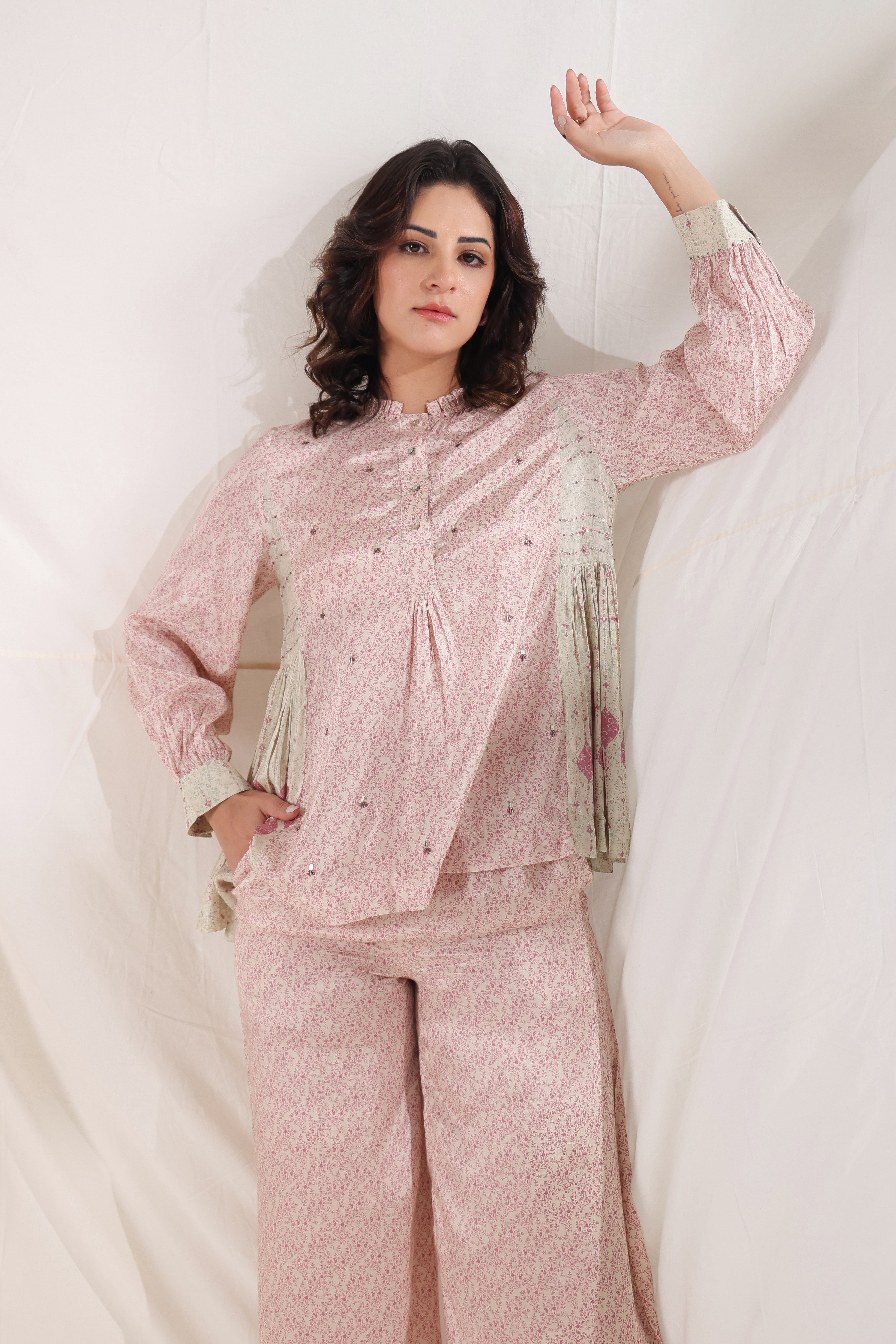 Women Pink Viscose Santoon Digital Printed Fabric Co-Ord Set with Hand Work