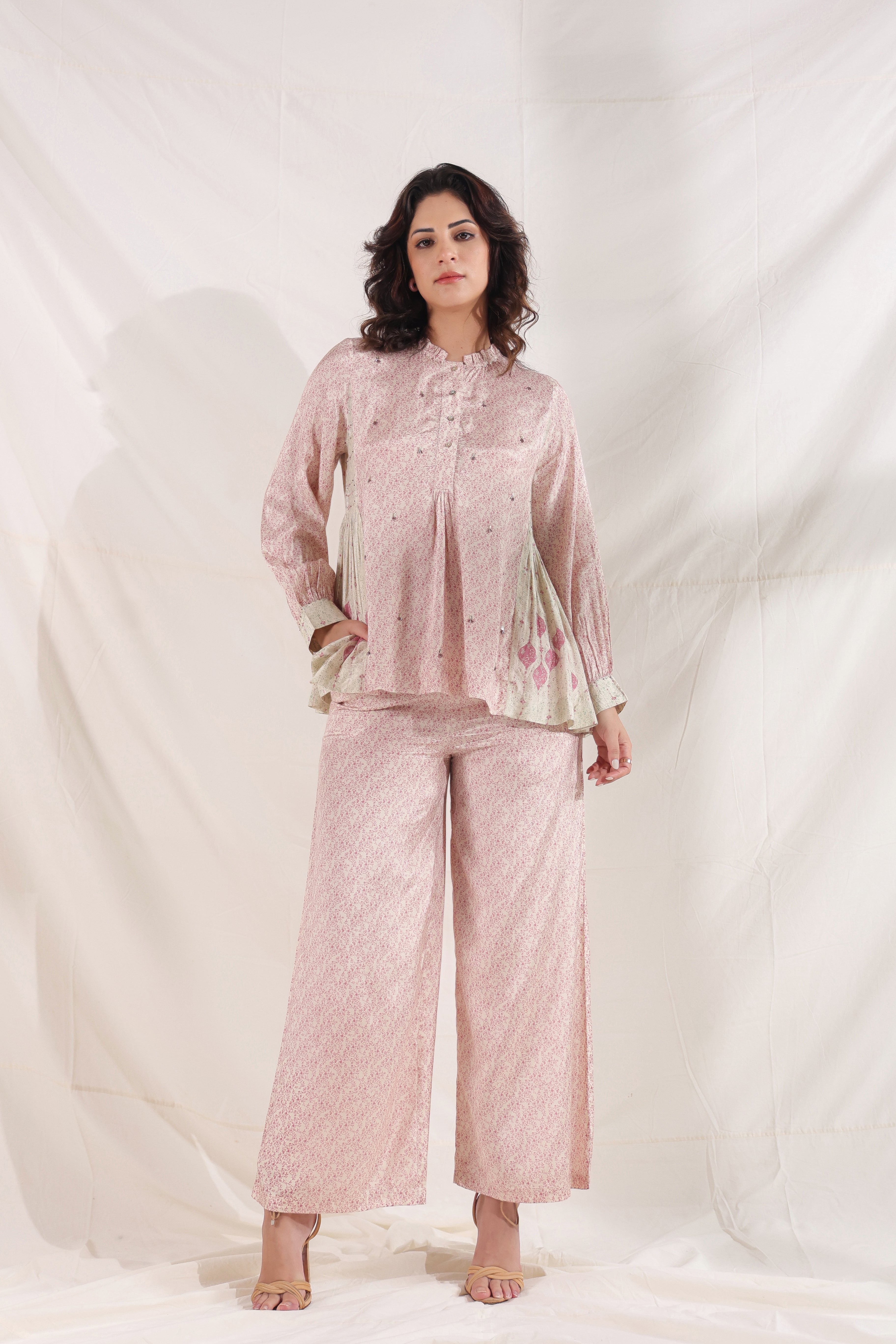 Women Pink Viscose Santoon Digital Printed Fabric Co-Ord Set with Hand Work