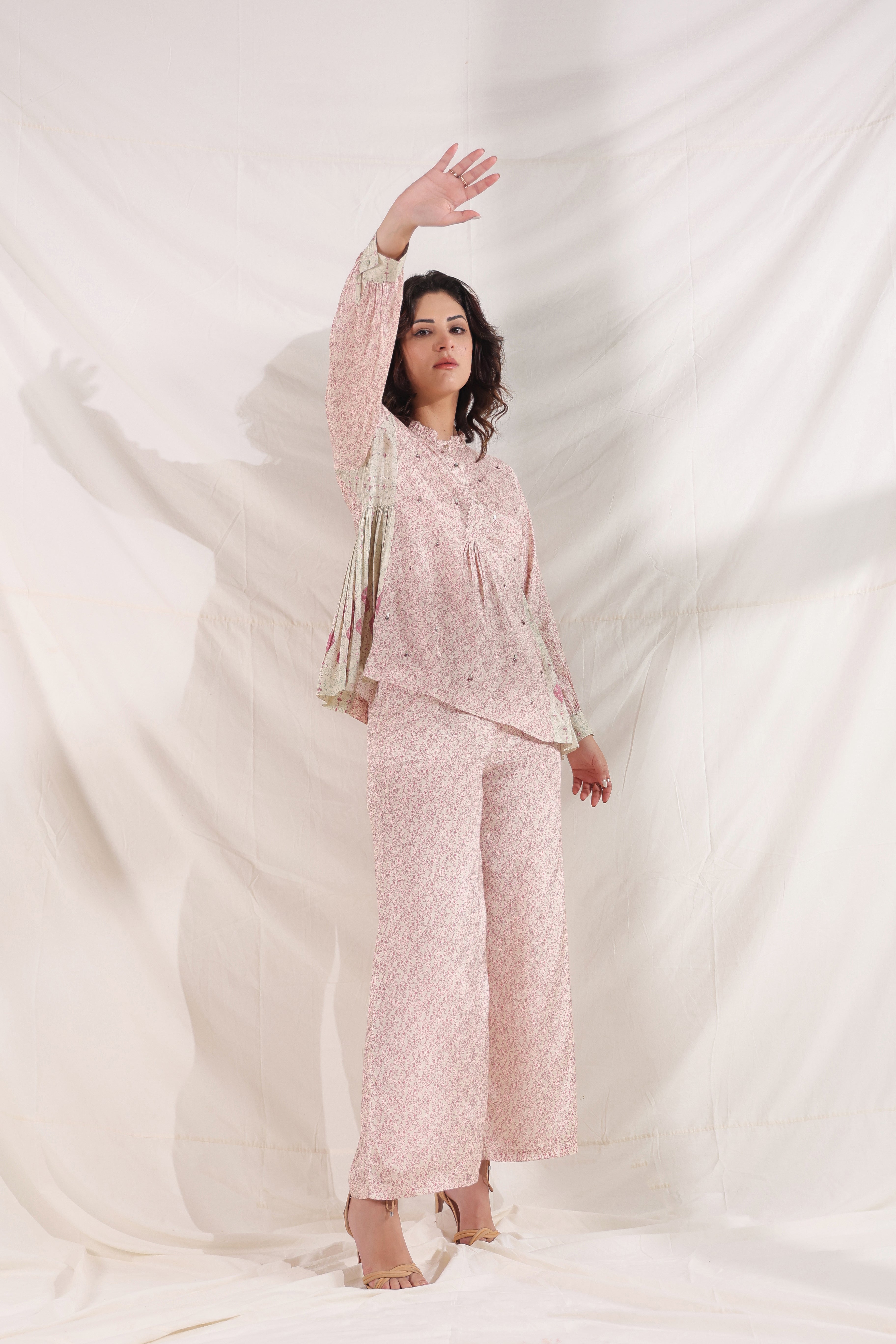 Women Pink Viscose Santoon Digital Printed Fabric Co-Ord Set with Hand Work