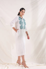 Women White Cotton Slub Embroidered Button Down Shirt Maxi Dress