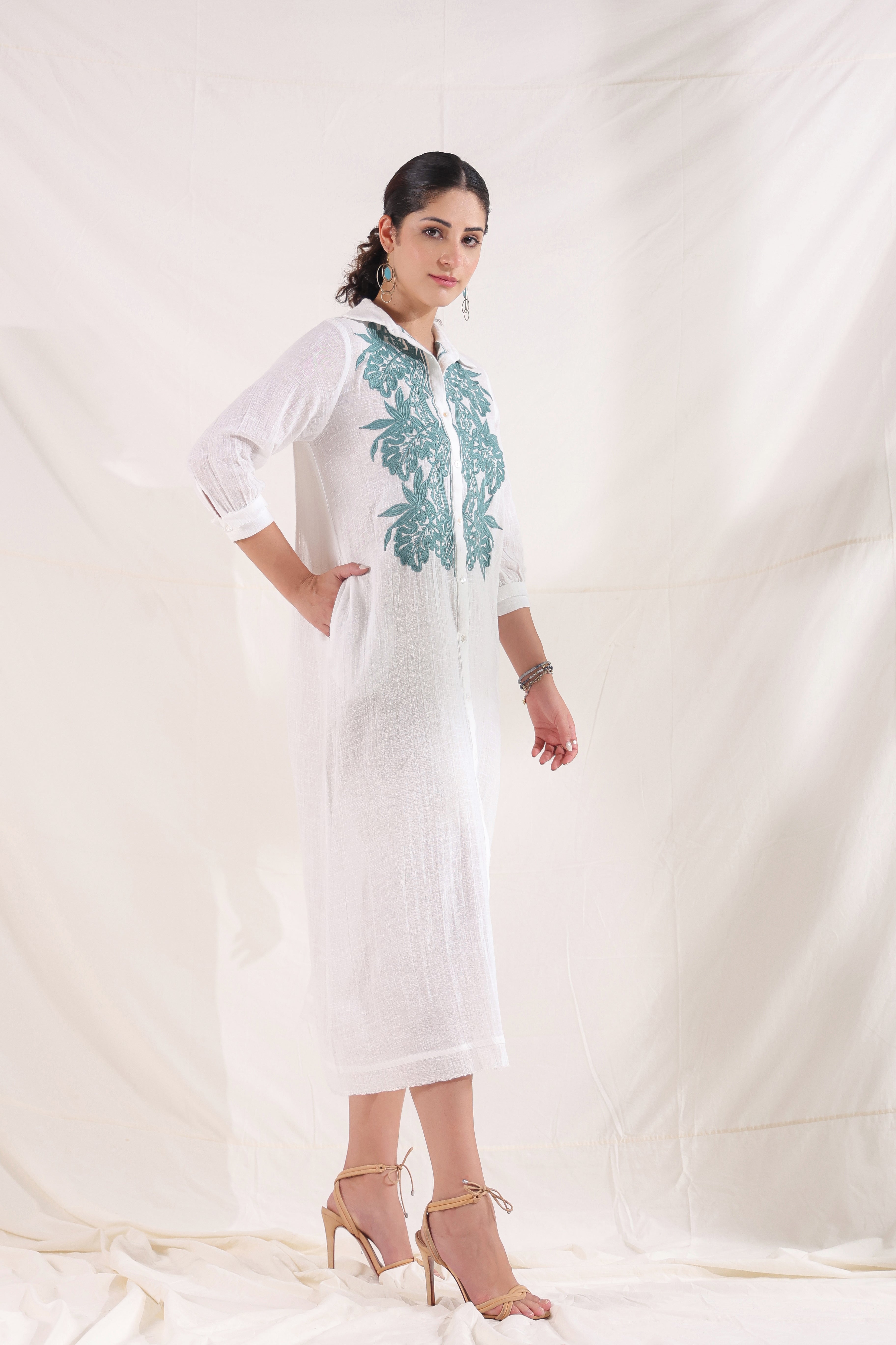 Women White Cotton Slub Embroidered Button Down Shirt Maxi Dress
