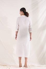 Women White Cotton Slub Embroidered Button Down Shirt Maxi Dress