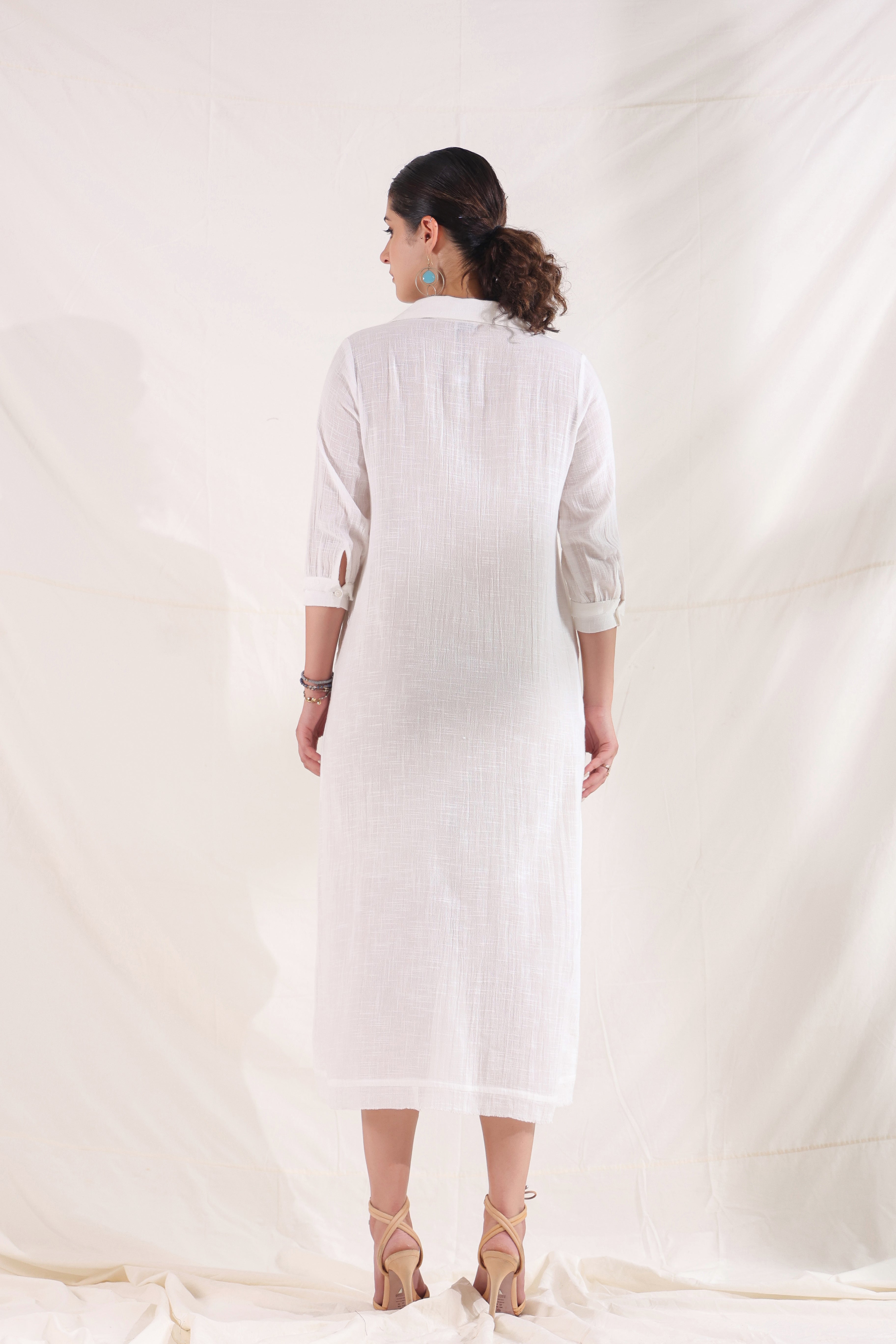Women White Cotton Slub Embroidered Button Down Shirt Maxi Dress