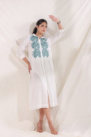 Women White Cotton Slub Embroidered Button Down Shirt Maxi Dress