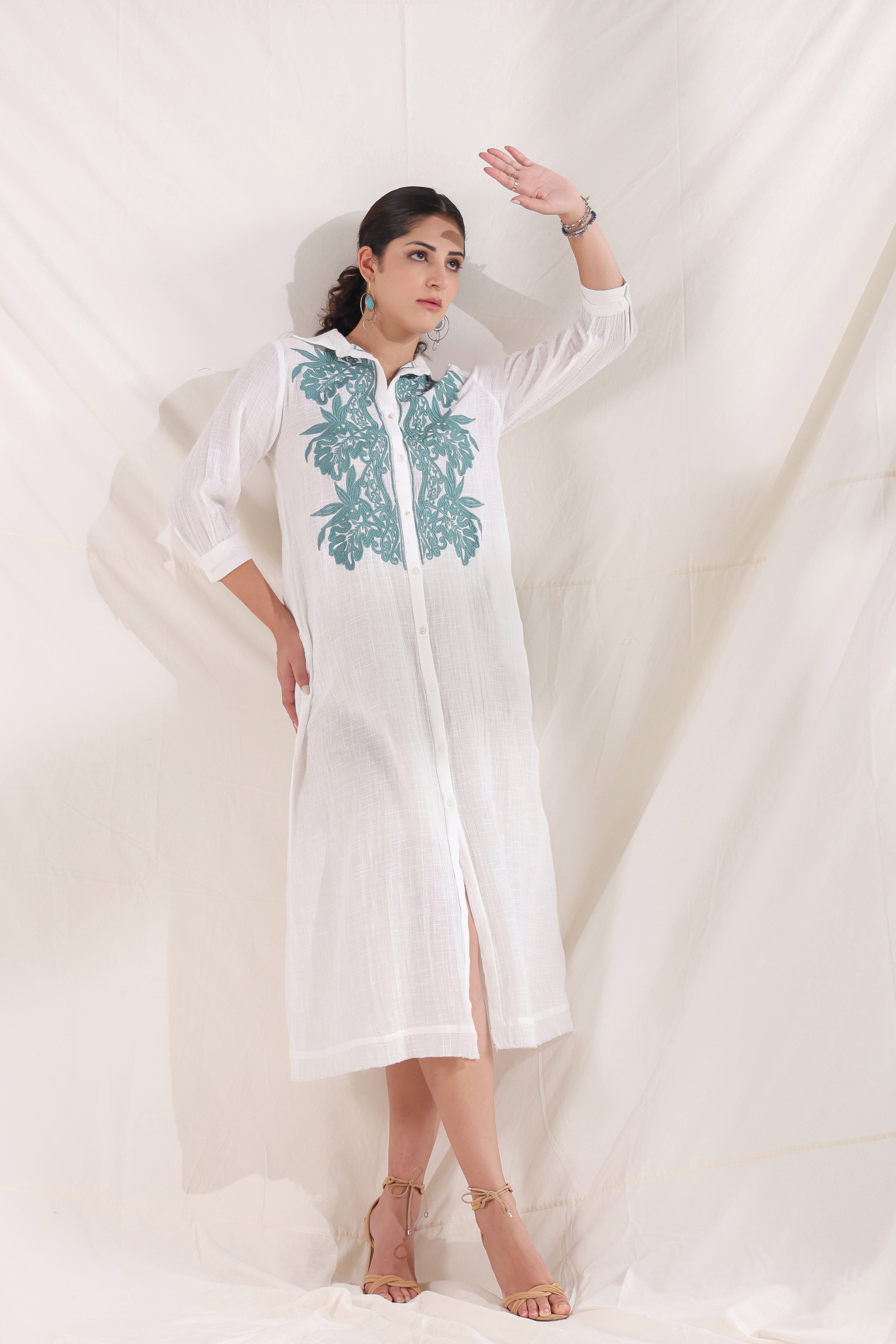 Women White Cotton Slub Embroidered Button Down Shirt Maxi Dress