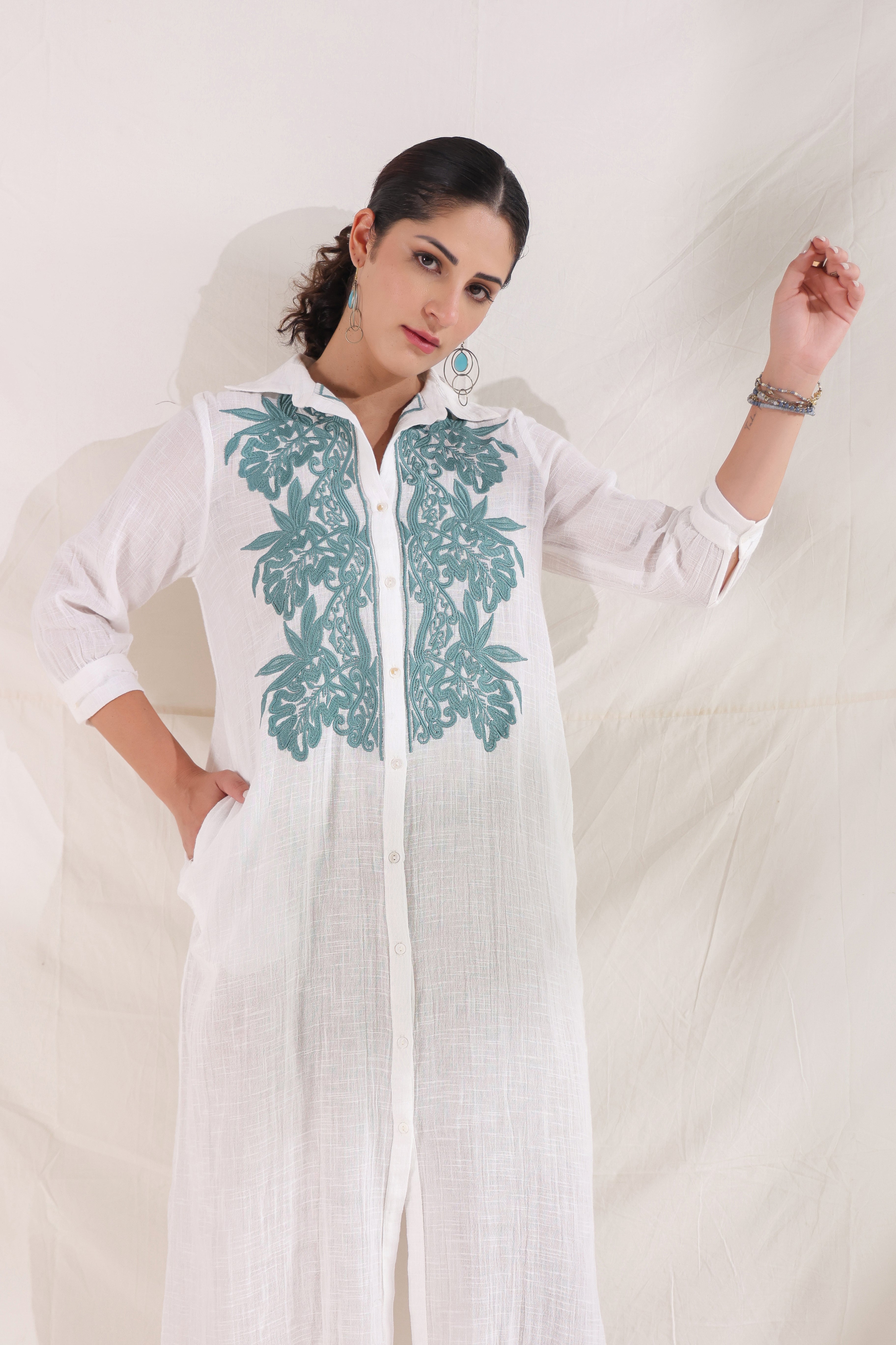 Women White Cotton Slub Embroidered Button Down Shirt Maxi Dress