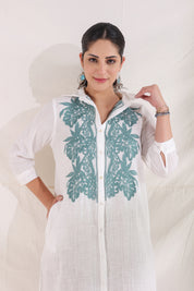 Women White Cotton Slub Embroidered Button Down Shirt Maxi Dress