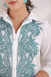 Women White Cotton Slub Embroidered Button Down Shirt Maxi Dress