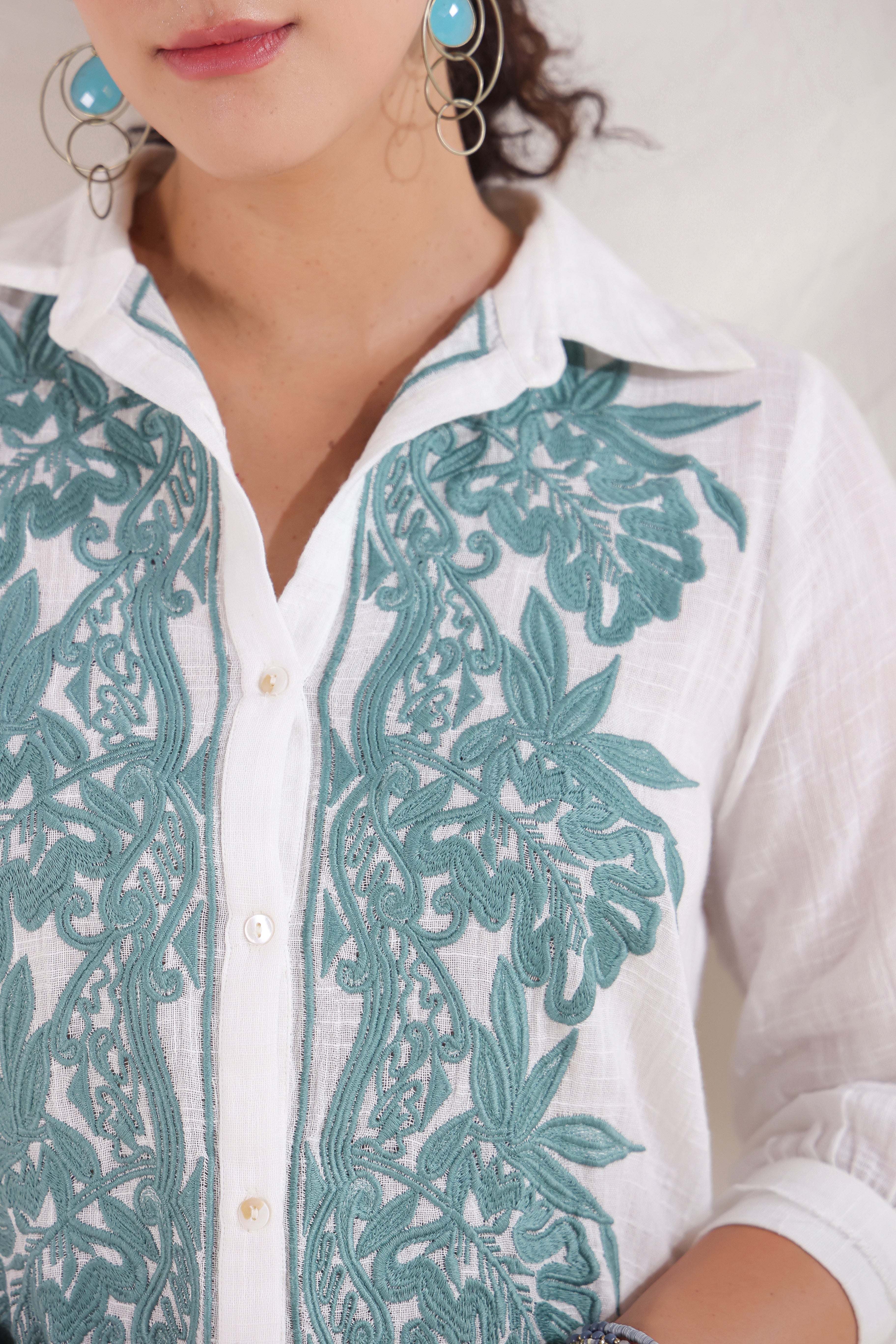 Women White Cotton Slub Embroidered Button Down Shirt Maxi Dress