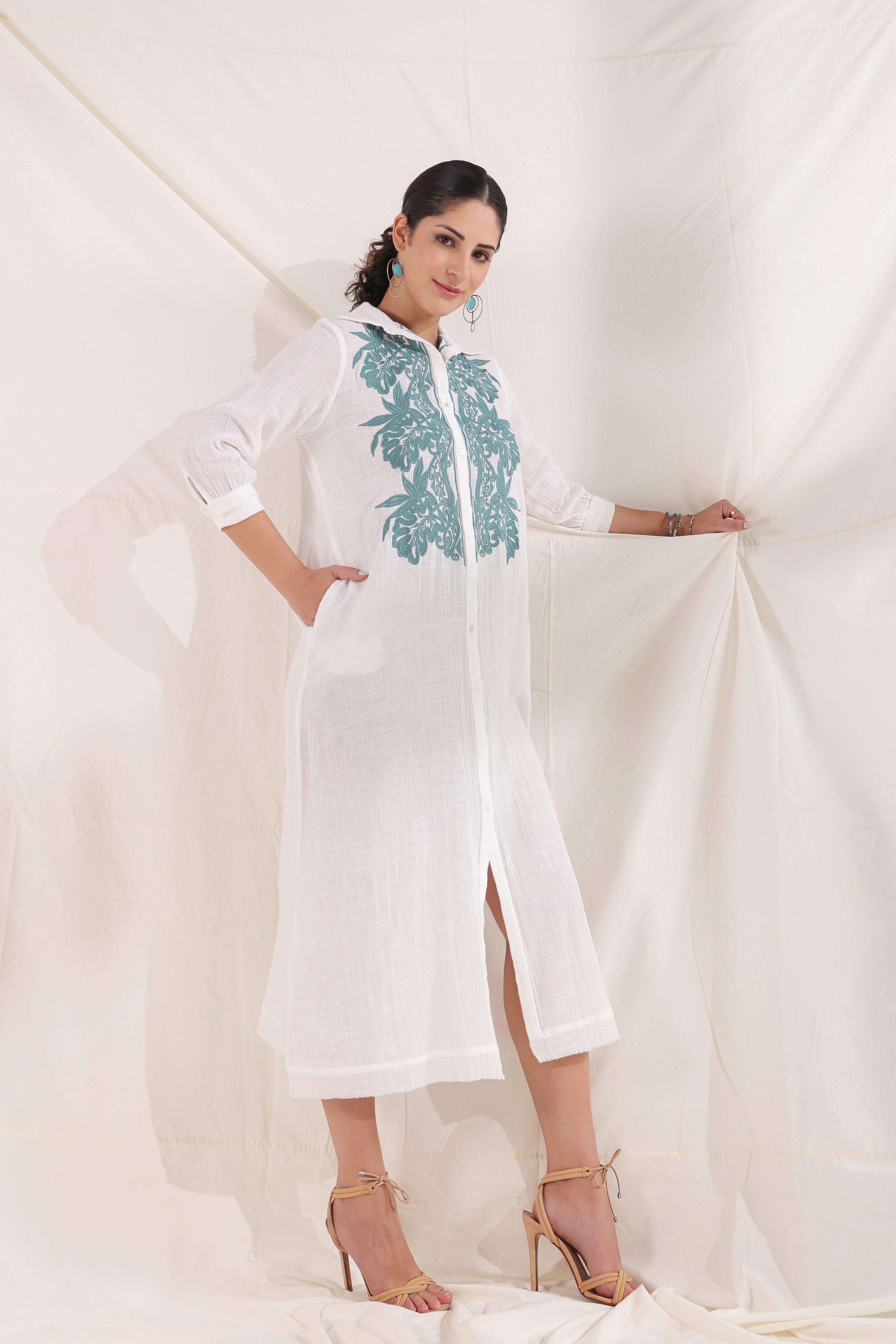 Women White Cotton Slub Embroidered Button Down Shirt Maxi Dress