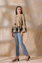 Women Khaki Cotton Flex Black Embroidered Top With Dori & Tassel