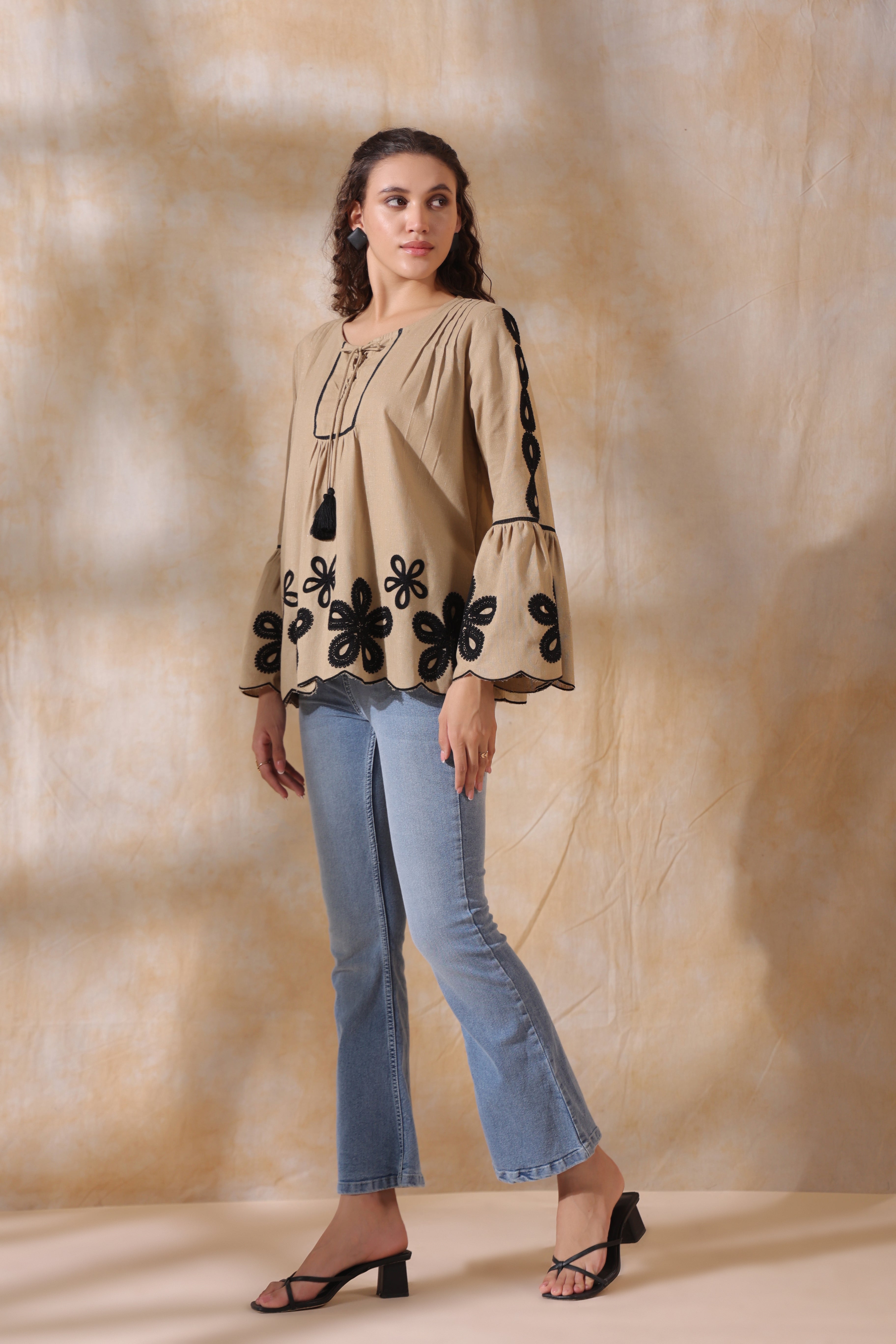 Women Khaki Cotton Flex Black Embroidered Top With Dori & Tassel
