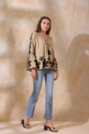 Women Khaki Cotton Flex Black Embroidered Top With Dori & Tassel