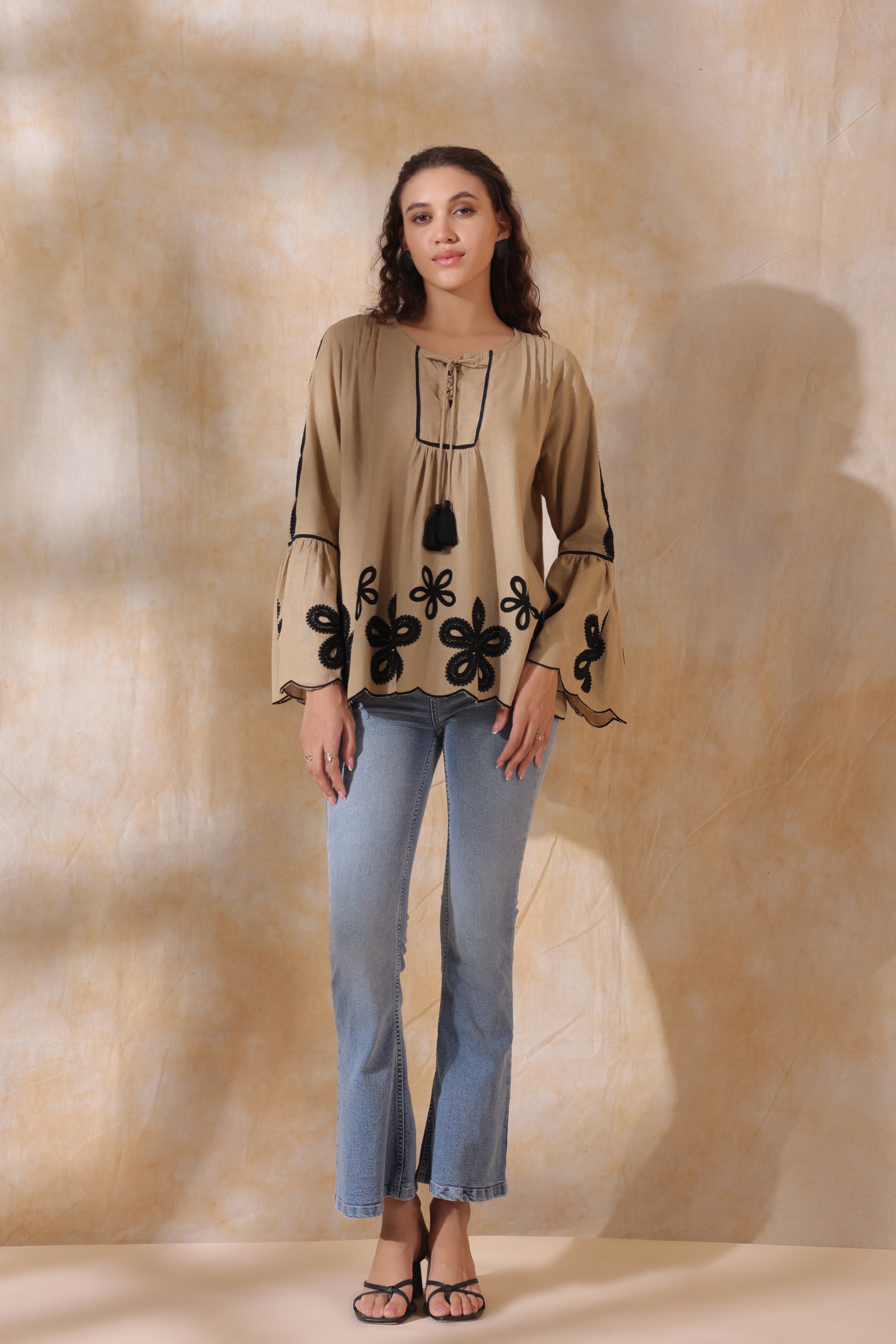 Women Khaki Cotton Flex Black Embroidered Top With Dori & Tassel
