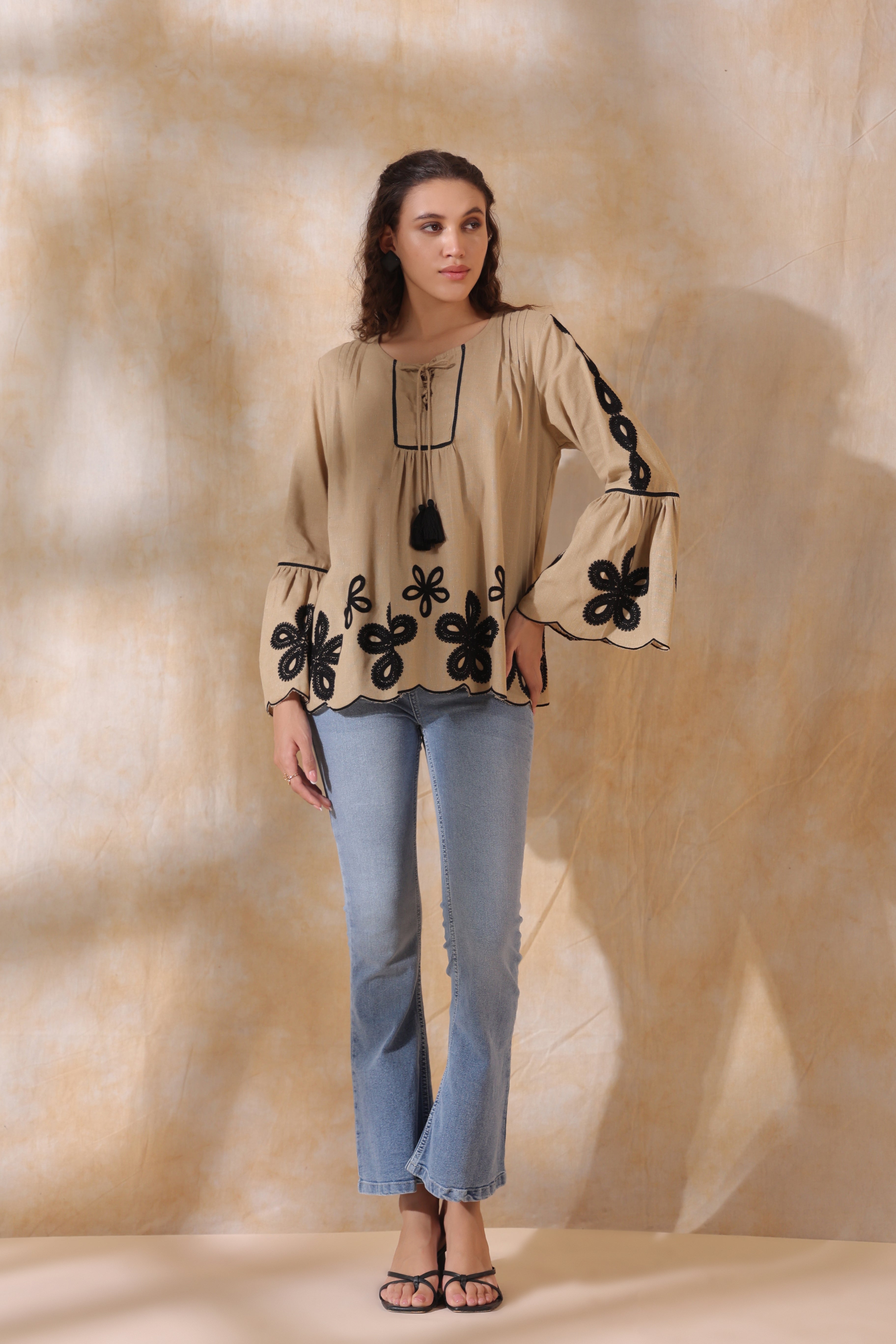 Women Khaki Cotton Flex Black Embroidered Top With Dori & Tassel