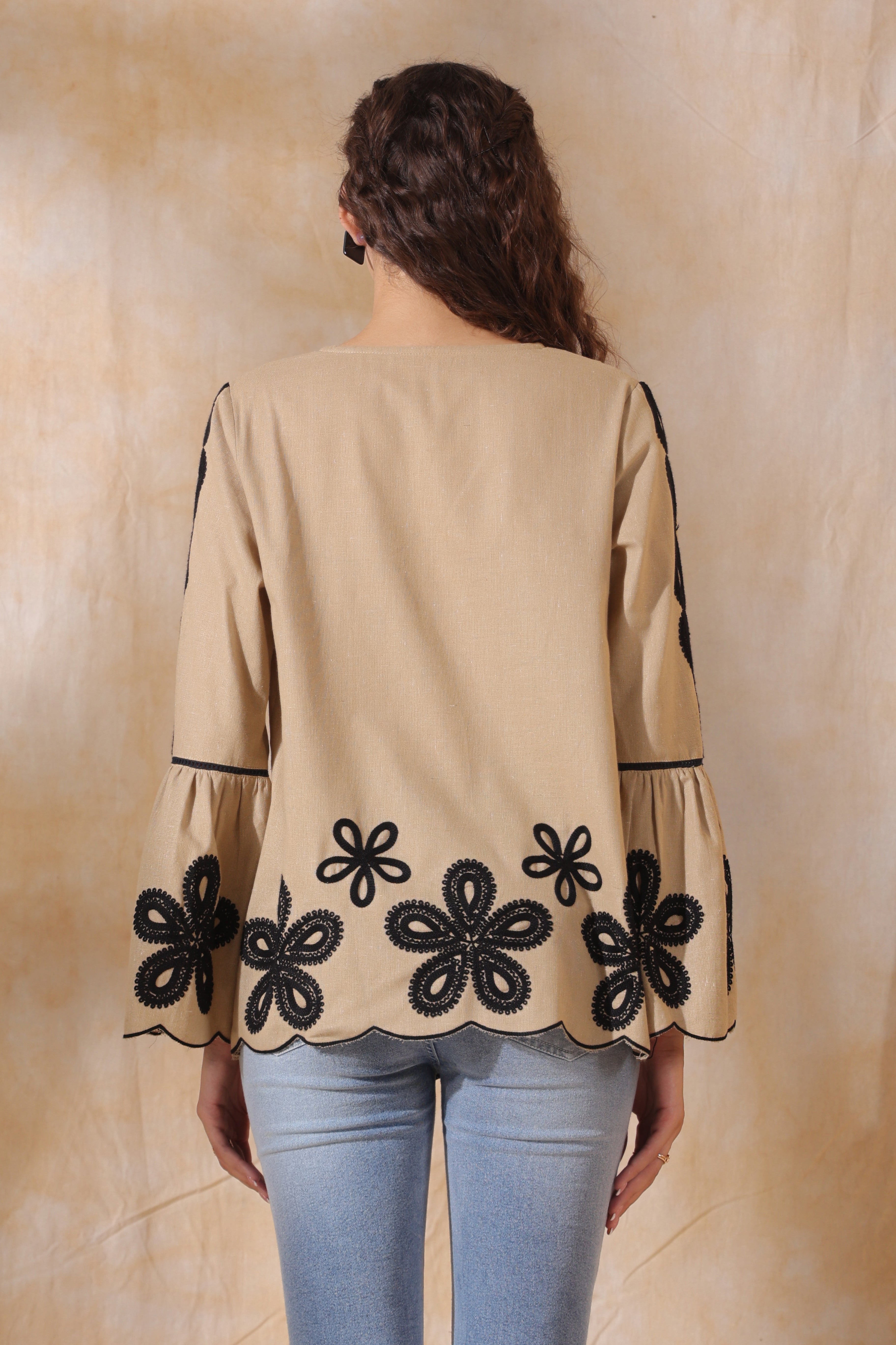 Women Khaki Cotton Flex Black Embroidered Top With Dori & Tassel