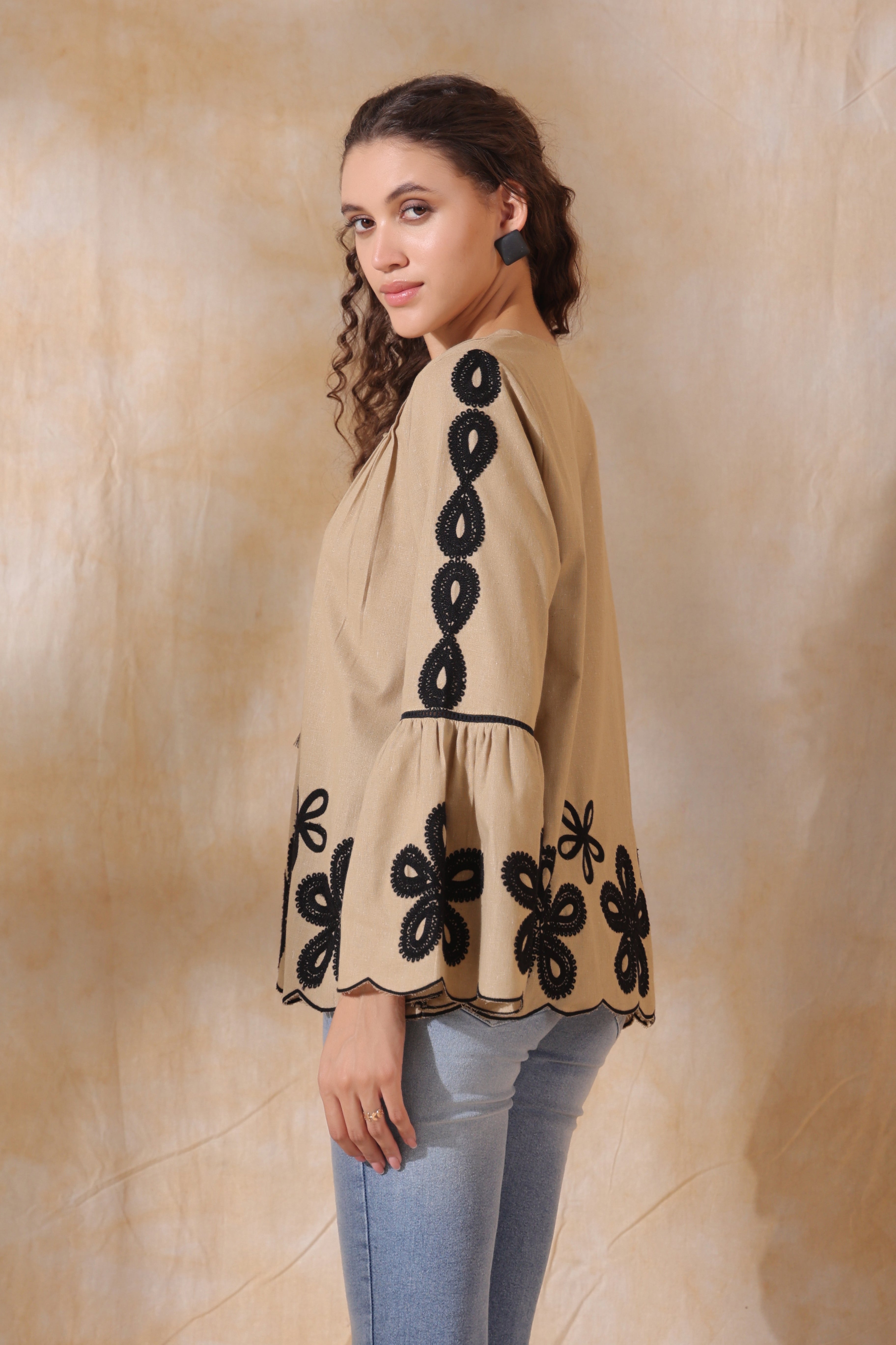 Women Khaki Cotton Flex Black Embroidered Top With Dori & Tassel