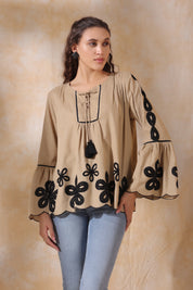 Women Khaki Cotton Flex Black Embroidered Top With Dori & Tassel