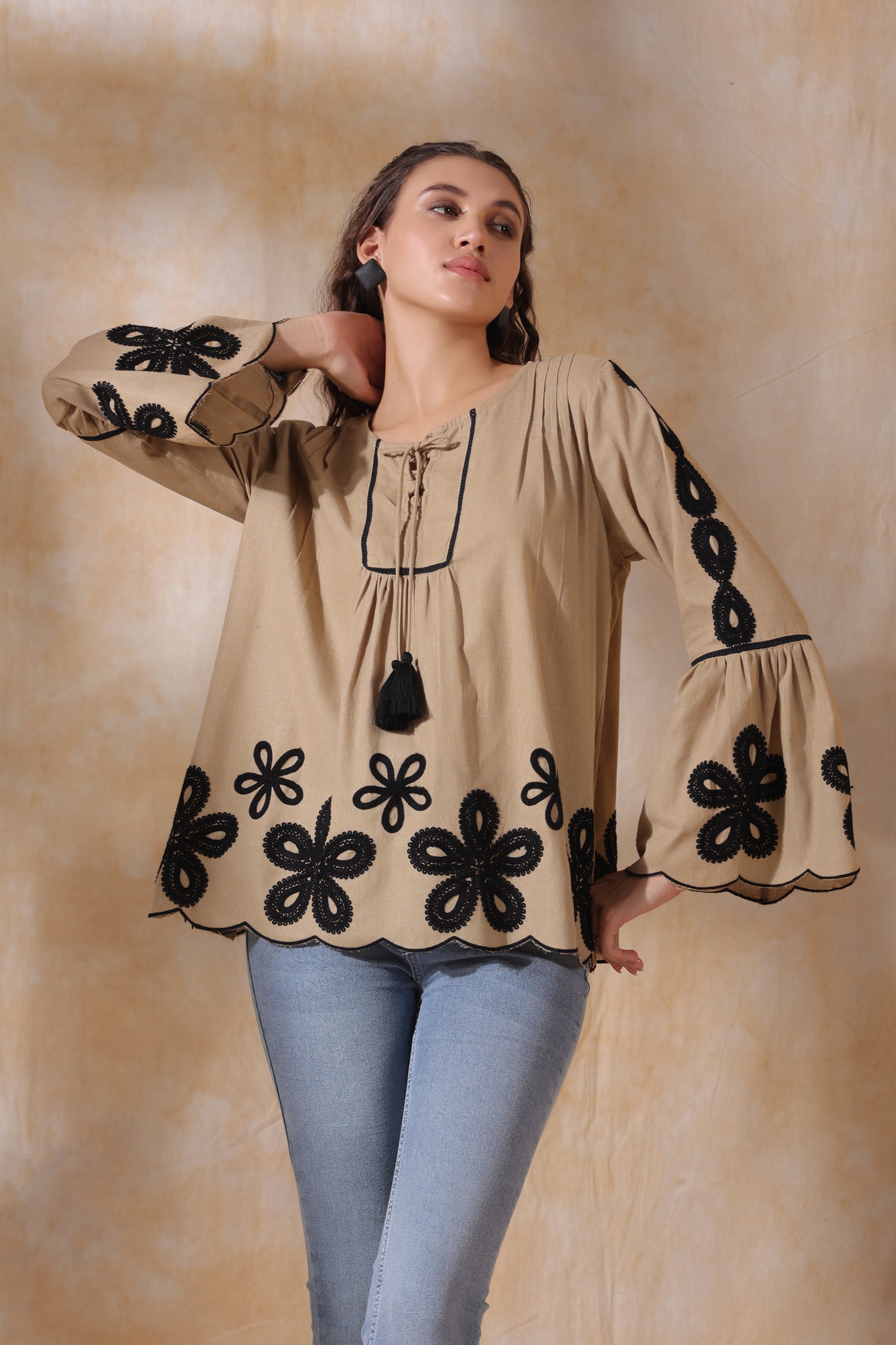 Women Khaki Cotton Flex Black Embroidered Top With Dori & Tassel