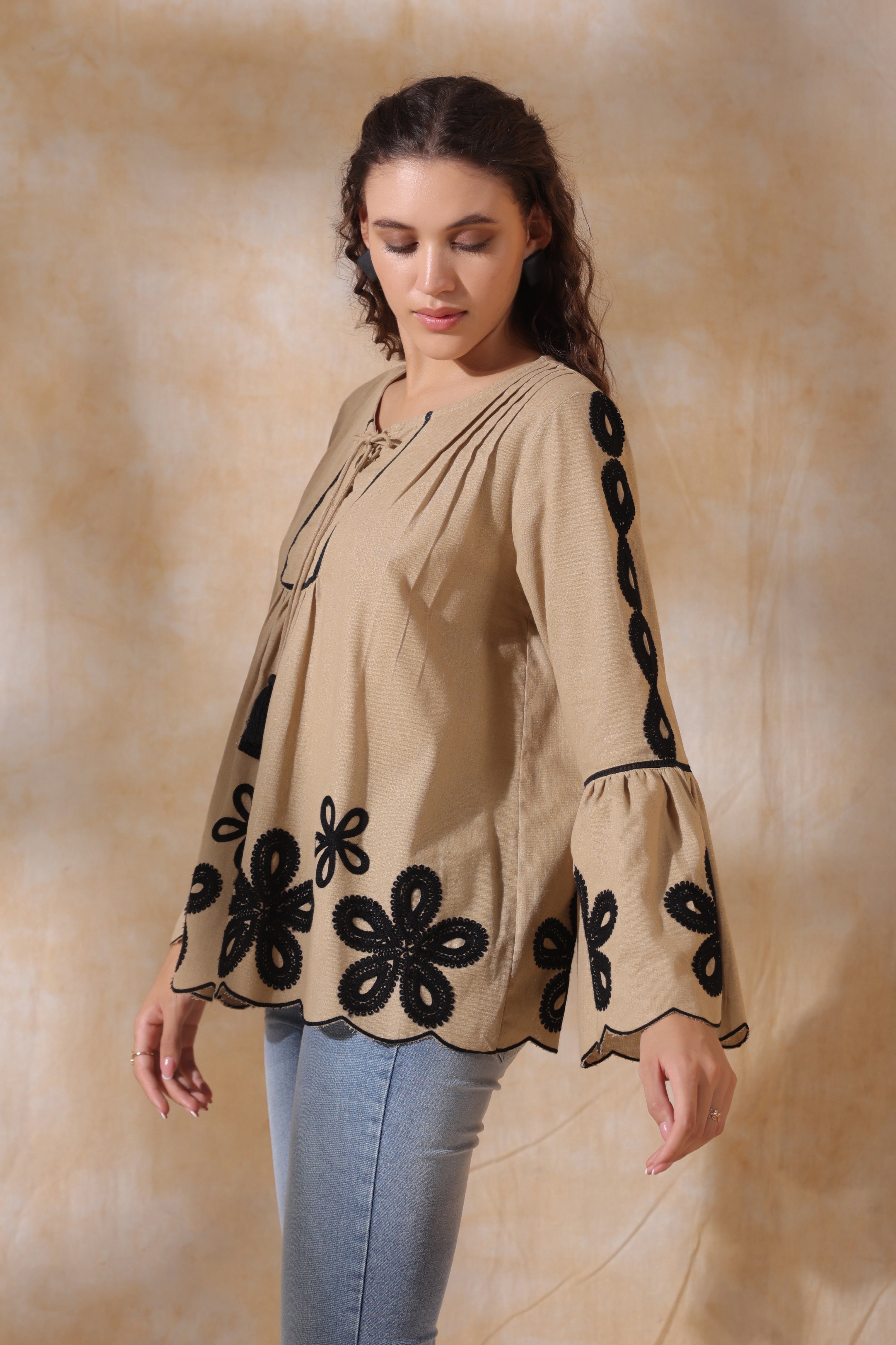 Women Khaki Cotton Flex Black Embroidered Top With Dori & Tassel