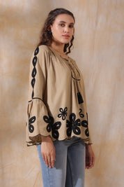 Women Khaki Cotton Flex Black Embroidered Top With Dori & Tassel